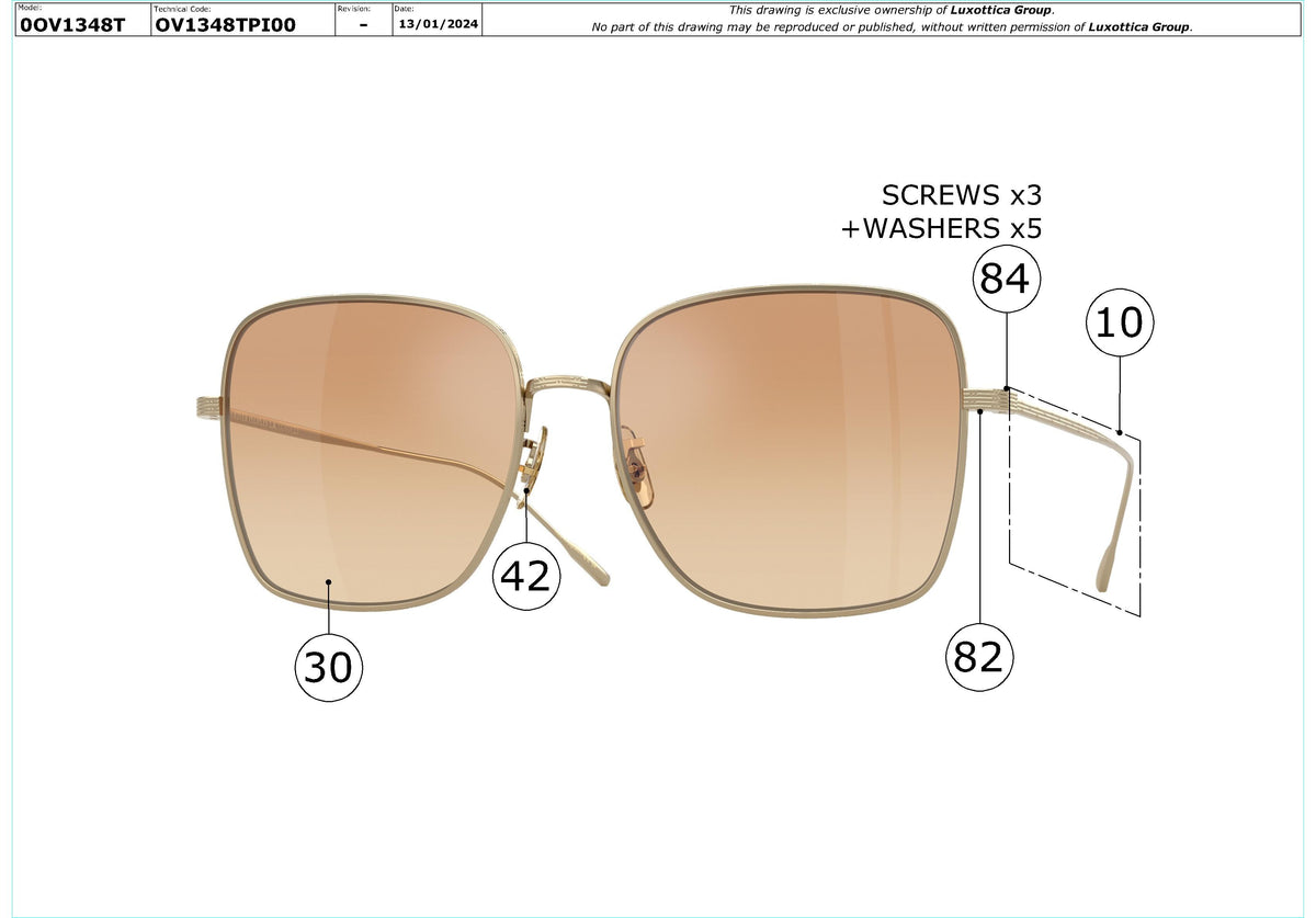Exploded technical drawing of the Oliver Peoples Noralee OV1348T Glasses Replacement Parts, with each replacement part numbered