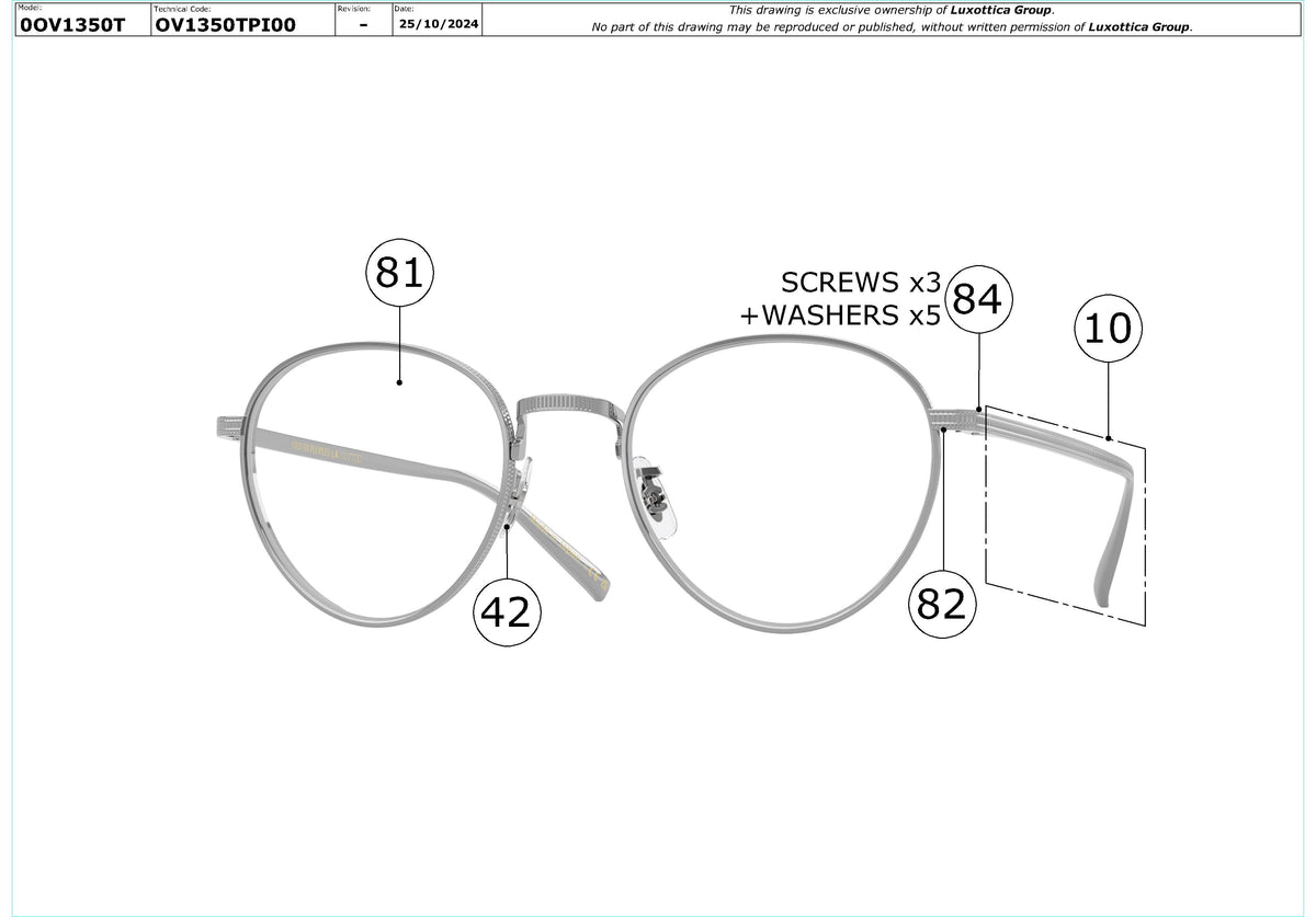 Enlarged technical drawing of the Oliver Peoples Kesner OV1350T Glasses Replacement Parts