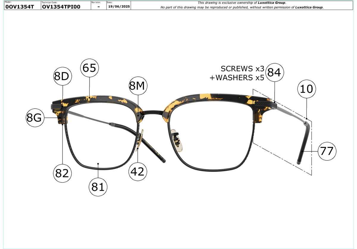 Enlarged technical drawing of the Oliver Peoples TK-12 OV1354T Glasses Replacement Parts