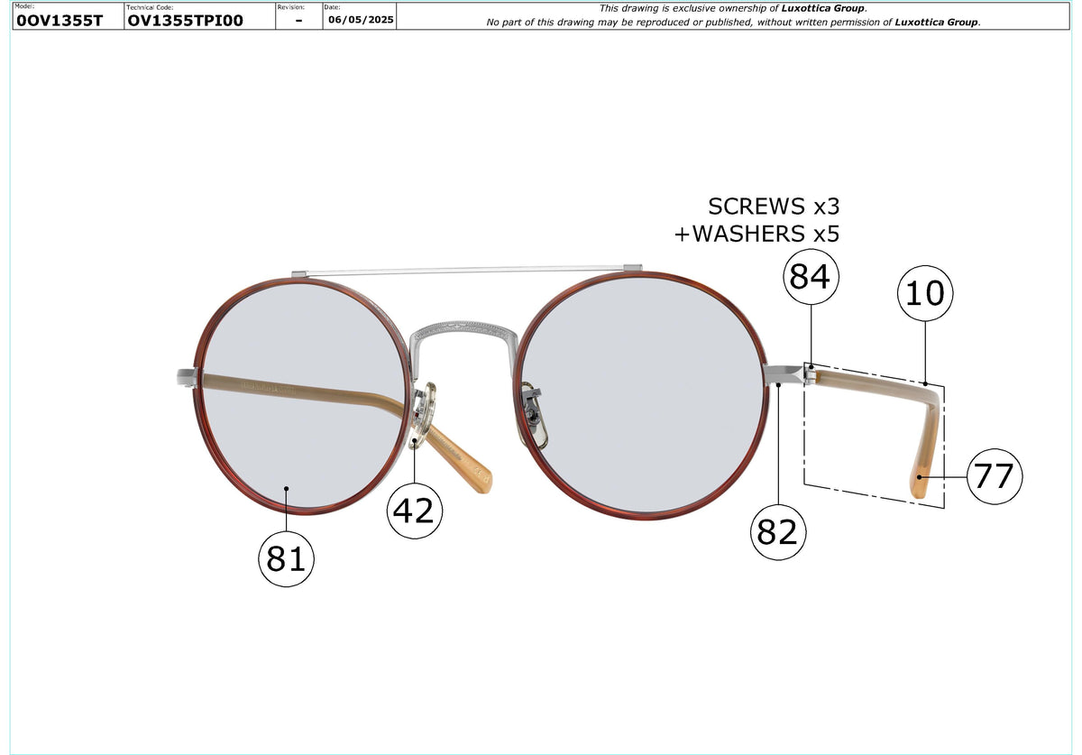 Enlarged technical drawing of the Oliver Peoples Etlin OV1355T Glasses Replacement Parts