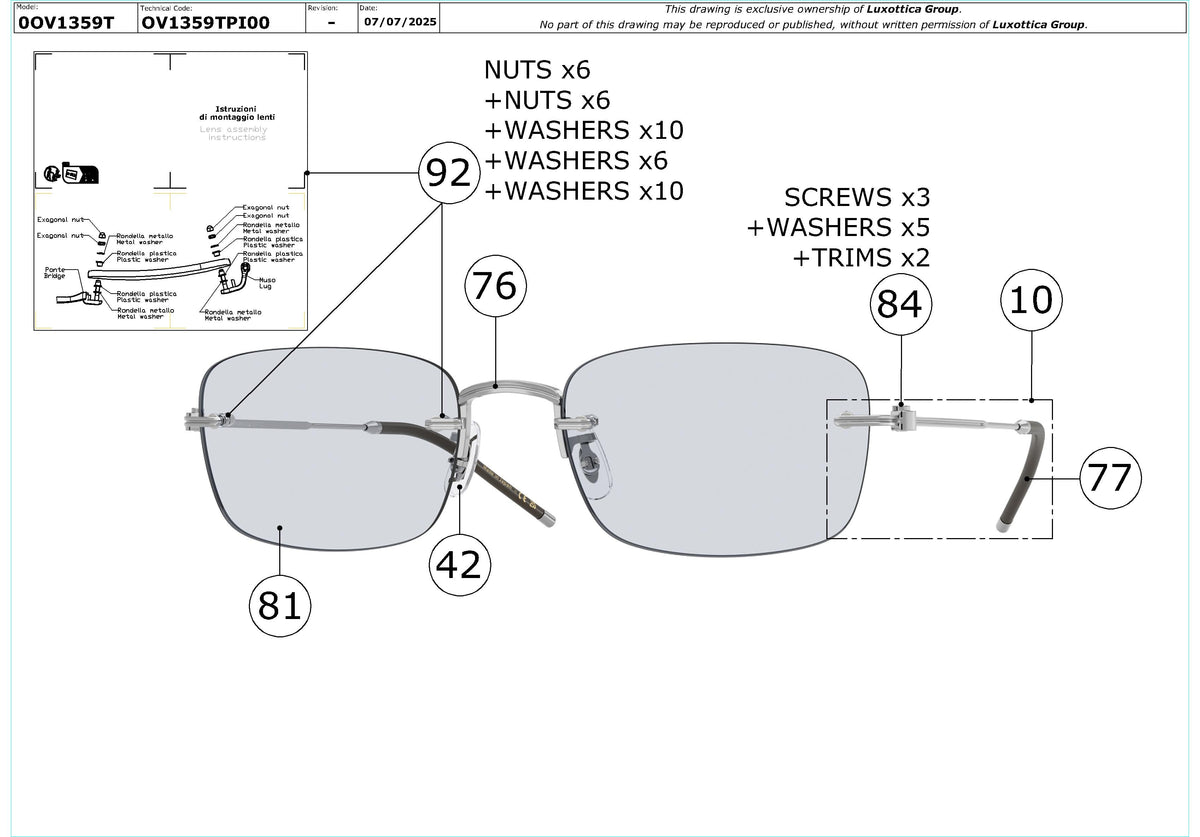 Enlarged technical drawing of the Oliver Peoples TK-10 OV1359T Glasses Replacement Parts