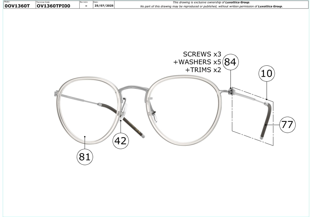 Enlarged technical drawing of the Oliver Peoples TK-11 OV1360T Glasses Replacement Parts