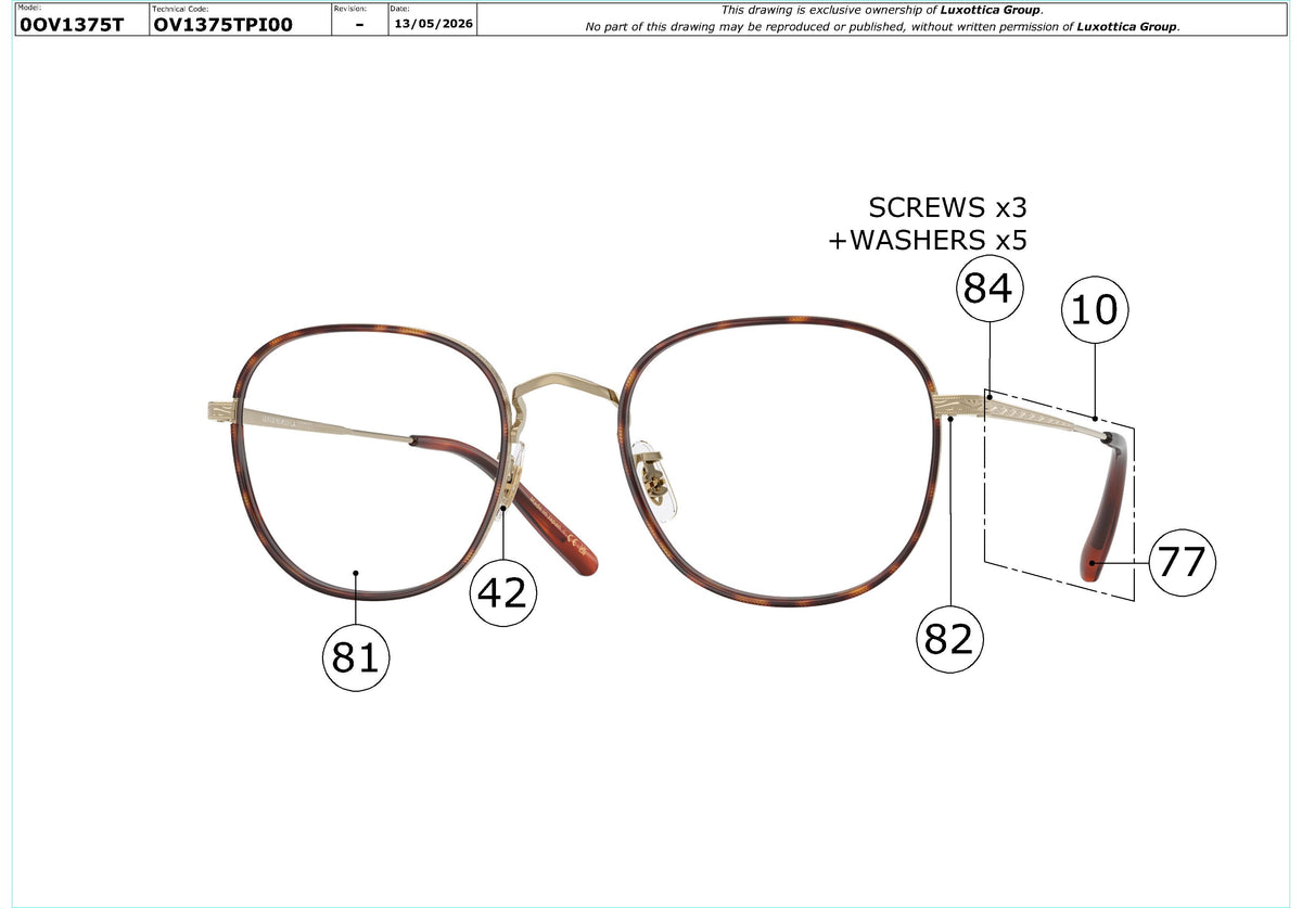 Exploded technical drawing of the Oliver Peoples Mehr OV1375T Glasses Replacement Parts, with each replacement part numbered