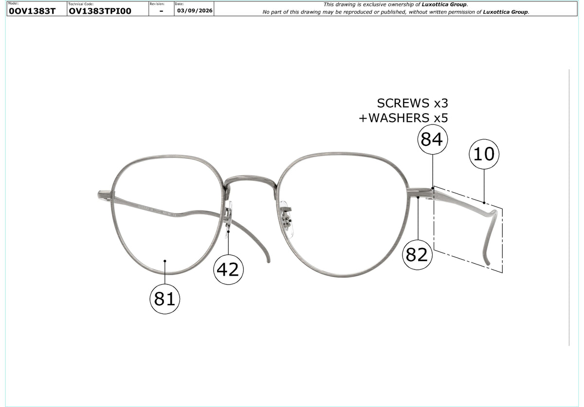 Enlarged technical drawing of the Oliver Peoples TK-16 OV1383T Glasses Replacement Parts