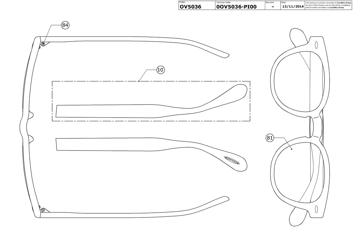 Exploded technical drawing of the Oliver Peoples Sheldrake OV5036 Glasses Replacement Parts, with each replacement part numbered