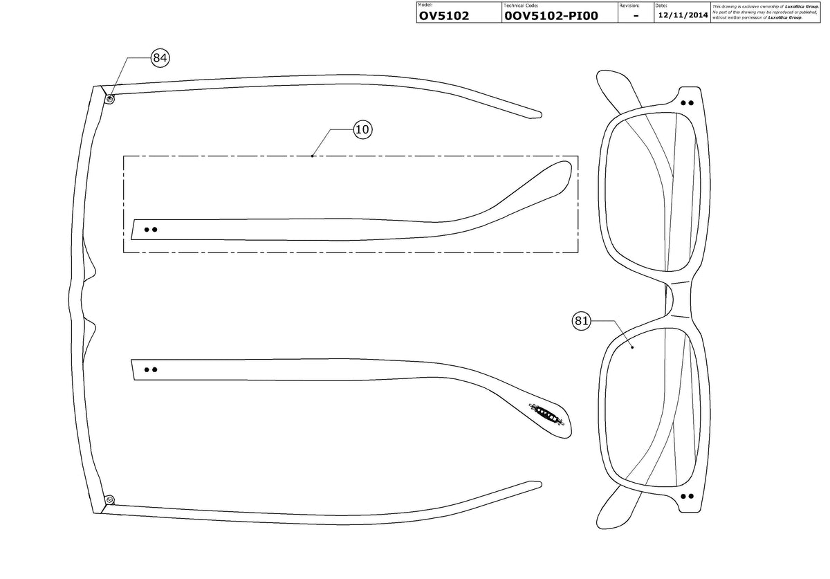 Exploded technical drawing of the Oliver Peoples Denison OV5102 Glasses Replacement Parts, with each replacement part numbered
