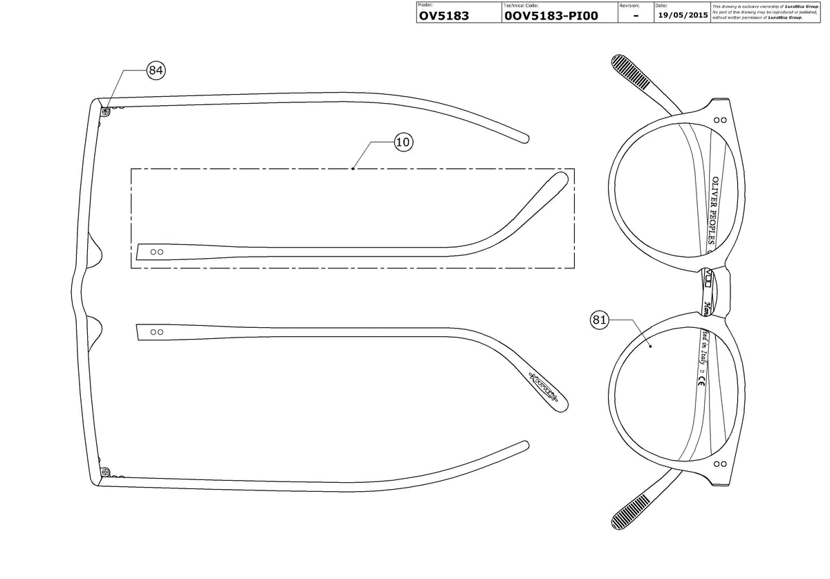 Exploded technical drawing of the Oliver Peoples O'malley OV5183 Glasses Replacement Parts, with each replacement part numbered