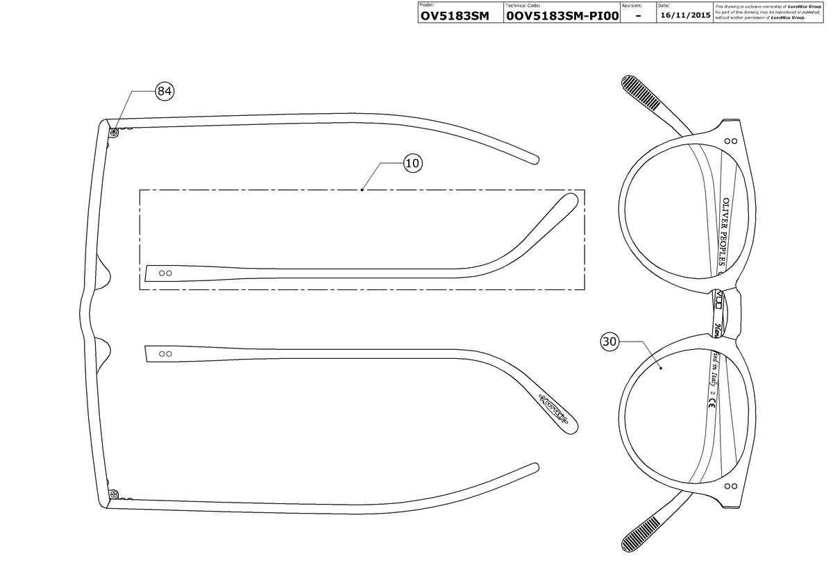 Exploded technical drawing of the Oliver Peoples O'Malley NYC OV5183SM Replacement Parts, with each replacement part numbered