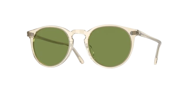 Round sunglasses with green lenses and gold frames on a white background