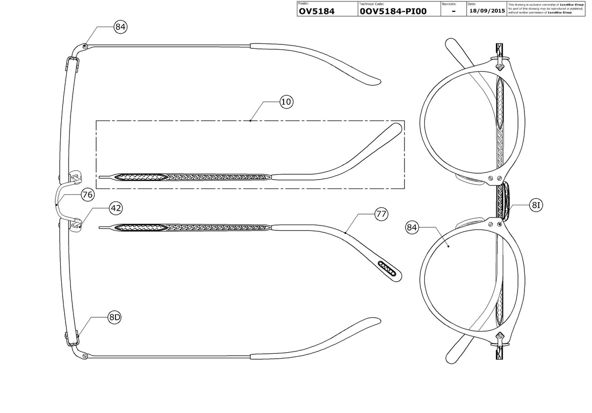 Enlarged technical drawing of the Oliver Peoples OP-505 OV5184 Glasses Replacement Parts