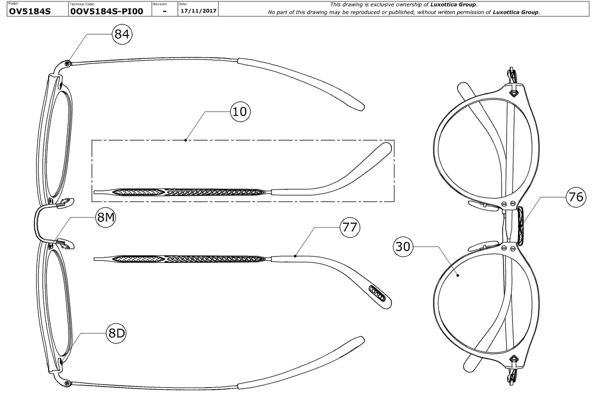 Enlarged technical drawing of the Oliver Peoples OP-505 Sun OV5184S Replacement Parts
