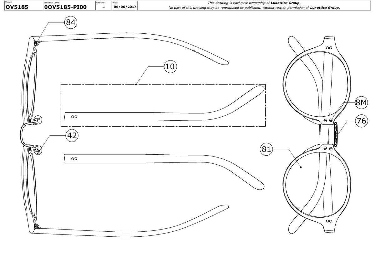 Exploded technical drawing of the Oliver Peoples OP-1955 OV5185 Glasses Replacement Parts, with each replacement part numbered