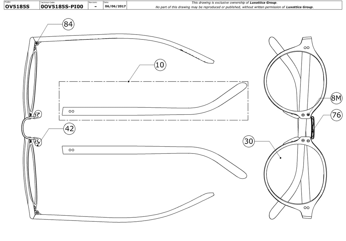 Exploded technical drawing of the Oliver Peoples OP-1955 Sun OV5185S Replacement Parts, with each replacement part numbered