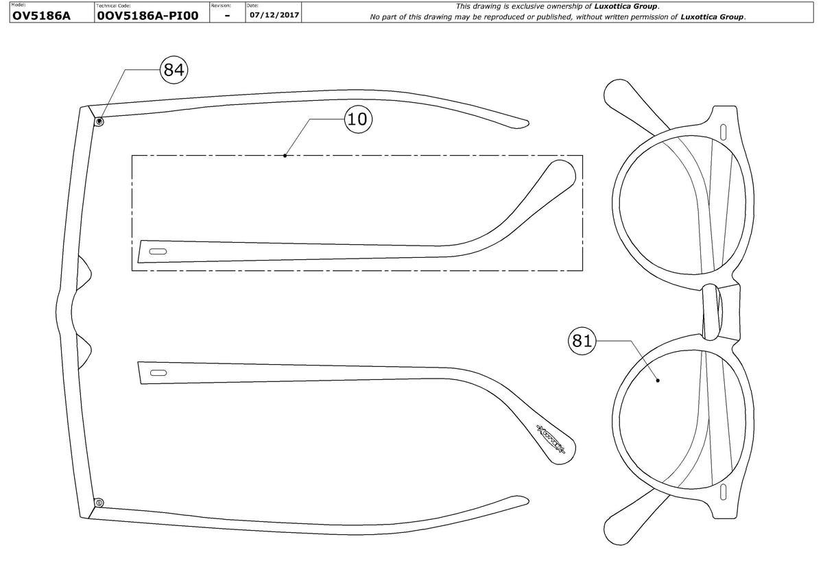 Exploded technical drawing of the Oliver Peoples Gregory Peck (A) OV5186A Glasses Replacement Parts, with each replacement part numbered