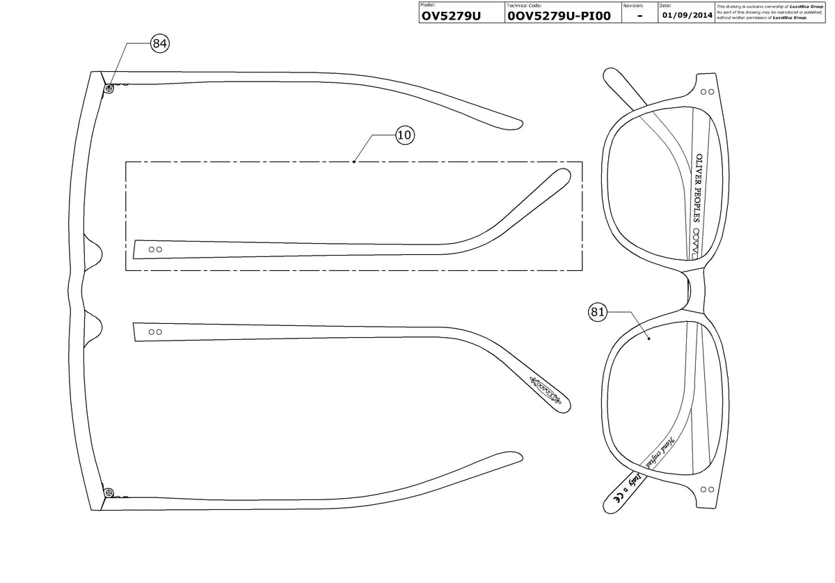 Exploded technical drawing of the Oliver Peoples Maslon OV5279U Glasses Replacement Parts, with each replacement part numbered