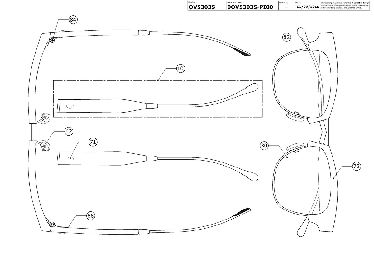 Exploded technical drawing of the Oliver Peoples Ajax OV5303S Replacement Parts, with each replacement part numbered