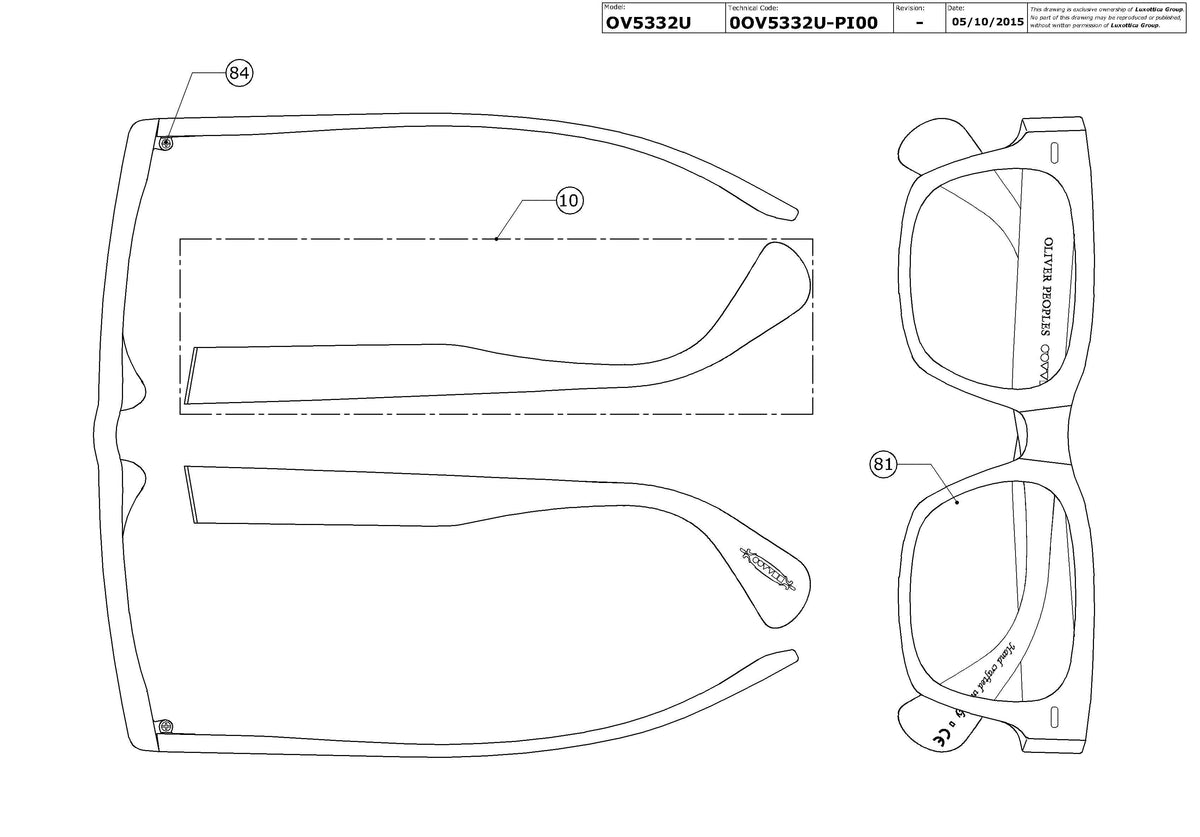 Exploded technical drawing of the Oliver Peoples Ryce OV5332U Glasses Replacement Parts, with each replacement part numbered