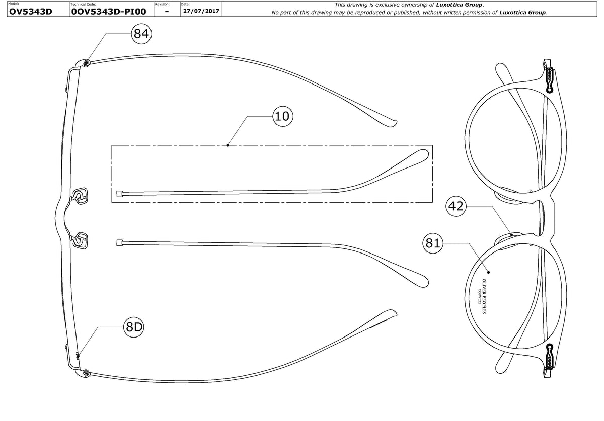 Exploded technical drawing of the Oliver Peoples Marret OV5343D Glasses Replacement Parts, with each replacement part numbered