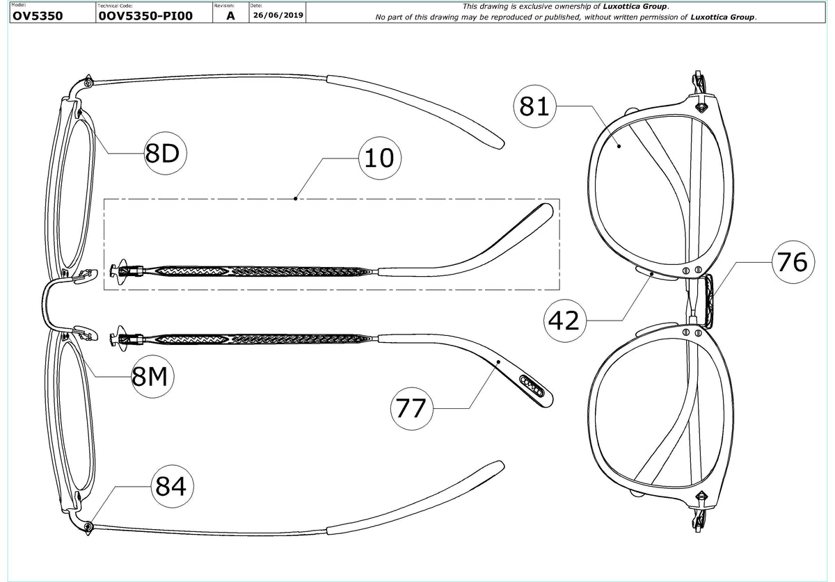 Exploded technical drawing of the Oliver Peoples OP-506 OV5350 Glasses Replacement Parts, with each replacement part numbered