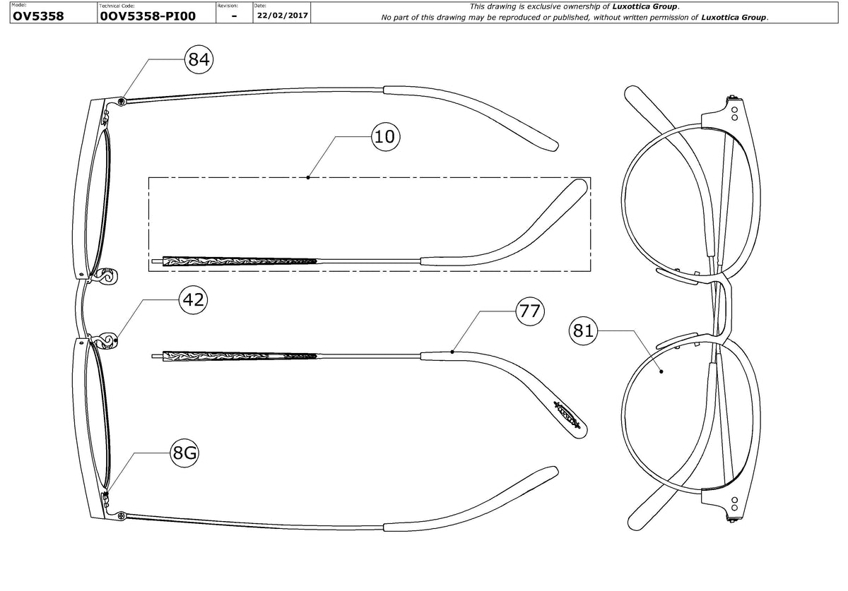 Exploded technical drawing of the Oliver Peoples Pollack OV5358 Glasses Replacement Parts, with each replacement part numbered