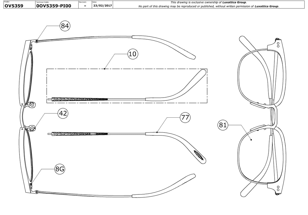 Exploded technical drawing of the Oliver Peoples Willman OV5359 Glasses Replacement Parts, with each replacement part numbered