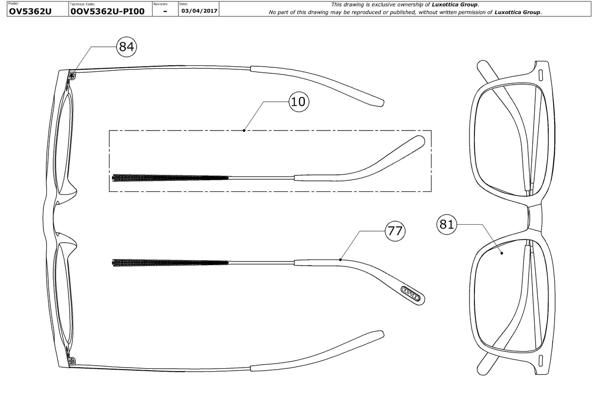Exploded technical drawing of the Oliver Peoples Wexley OV5366U Glasses Replacement Parts, with each replacement part numbered