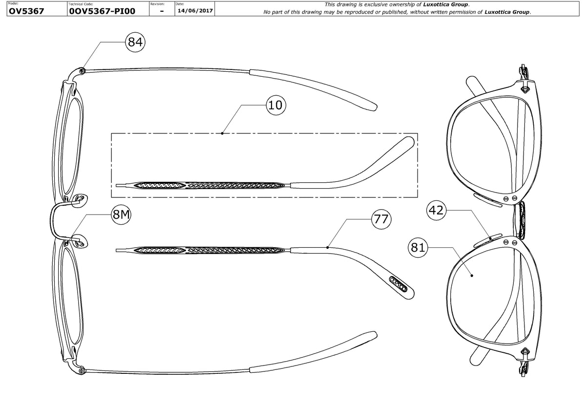 Enlarged technical drawing of the Oliver Peoples Keery OV5367 Glasses Replacement Parts