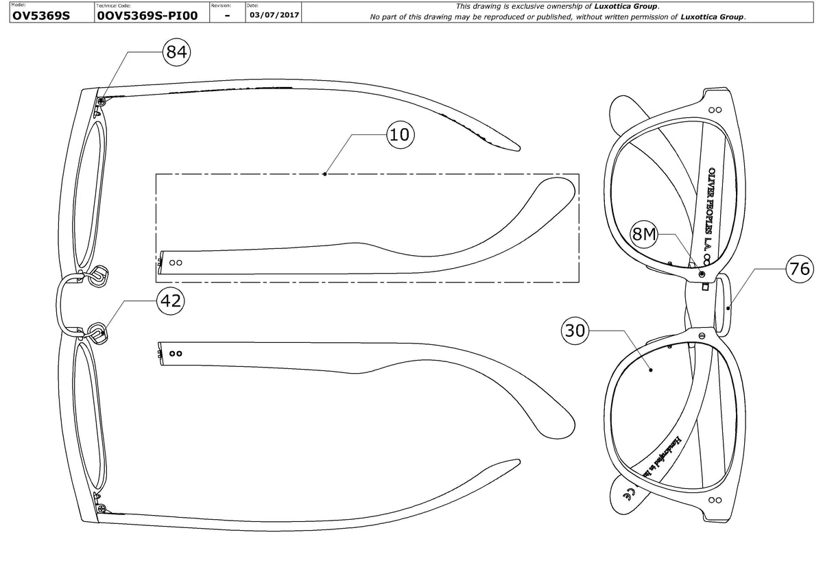 Exploded technical drawing of the Oliver Peoples Lerner OV5369S Replacement Parts, with each replacement part numbered