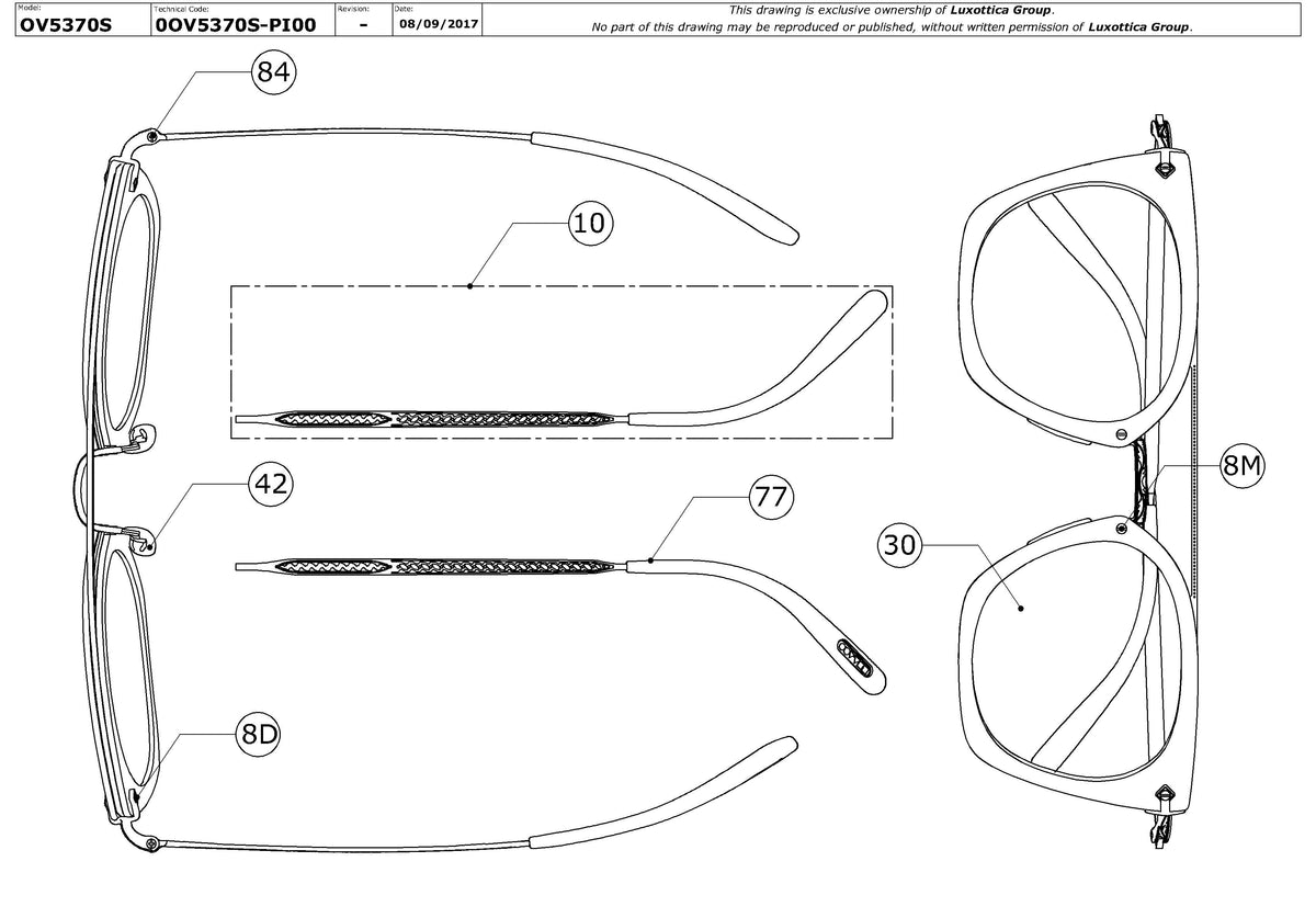 Exploded technical drawing of the Oliver Peoples Dacette OV5370S Replacement Parts, with each replacement part numbered