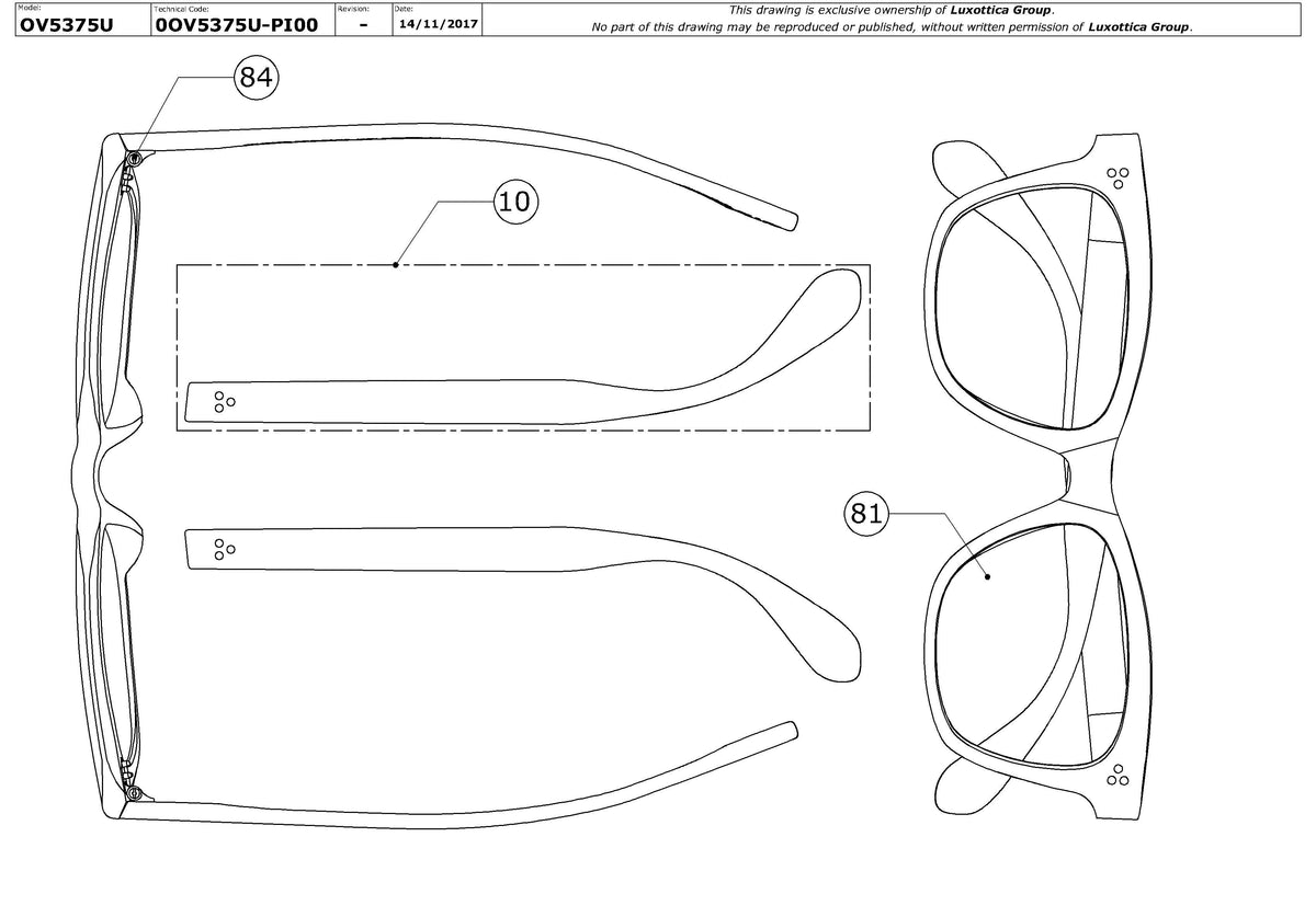 Exploded technical drawing of the Oliver Peoples Penney OV5375U Glasses Replacement Parts, with each replacement part numbered