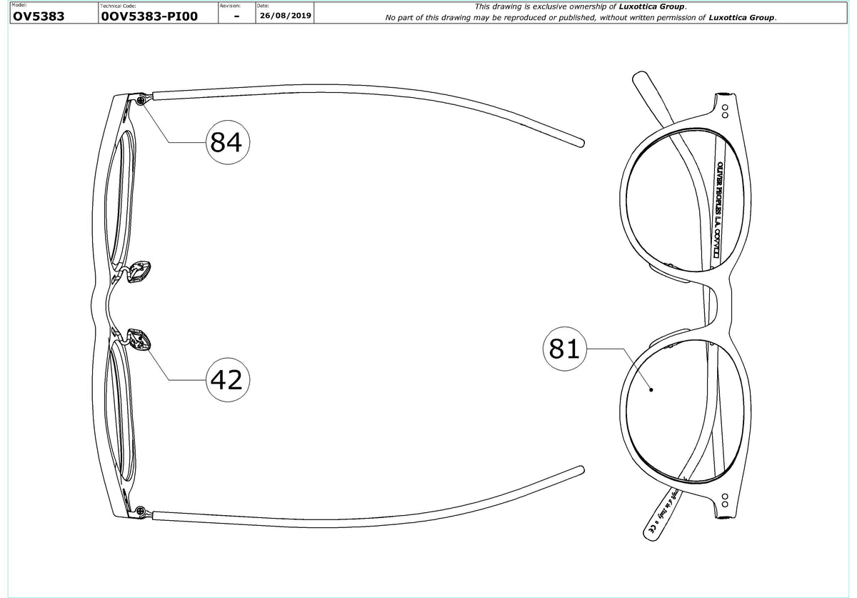 Enlarged technical drawing of the Oliver Peoples Elyo OV5383 Glasses Replacement Parts
