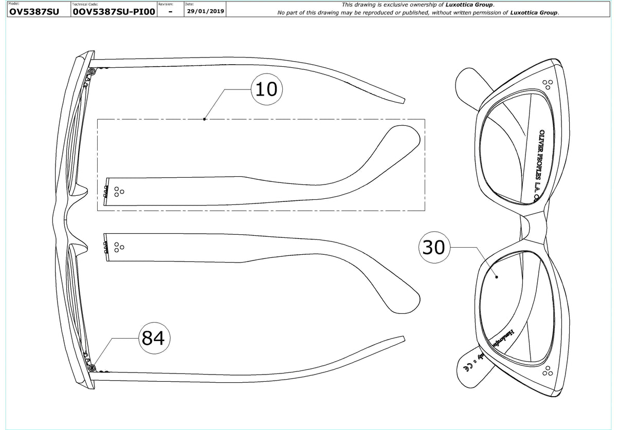 Enlarged technical drawing of the Oliver Peoples Bianka OV5387SU Replacement Parts