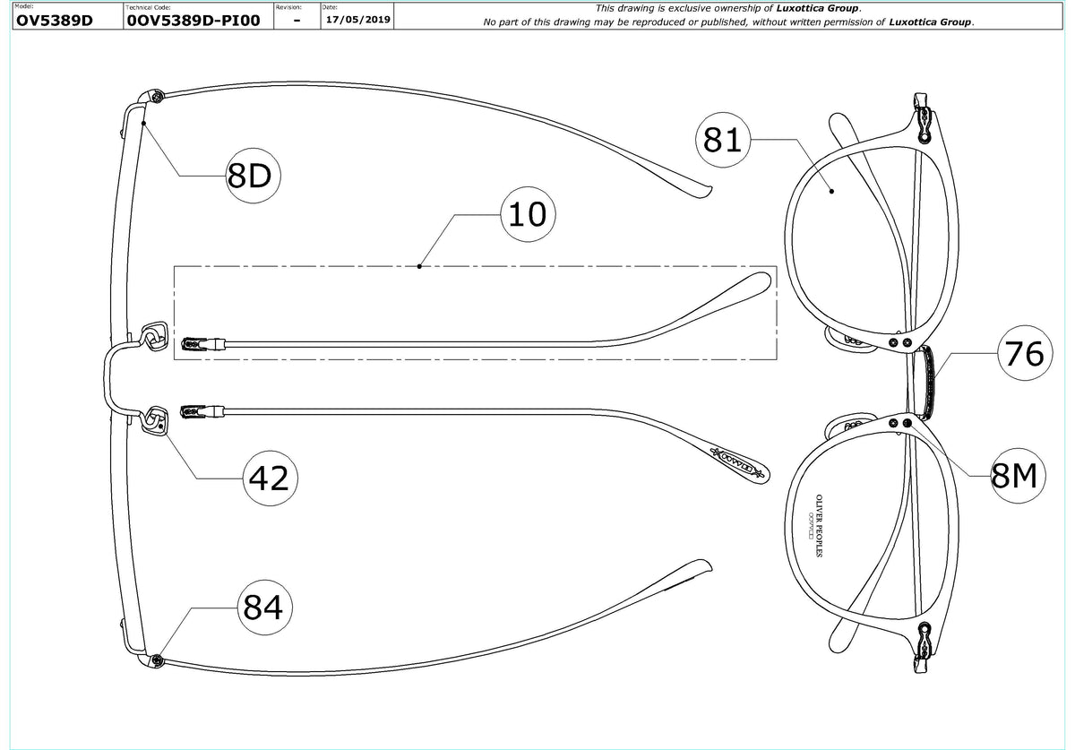 Enlarged technical drawing of the Oliver Peoples Davitt OV5389D Glasses Replacement Parts