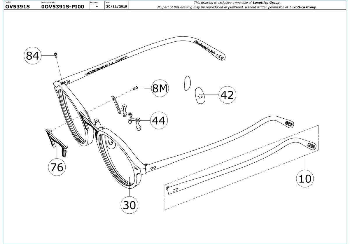 Enlarged technical drawing of the Oliver Peoples Kosa OV5391S Replacement Parts