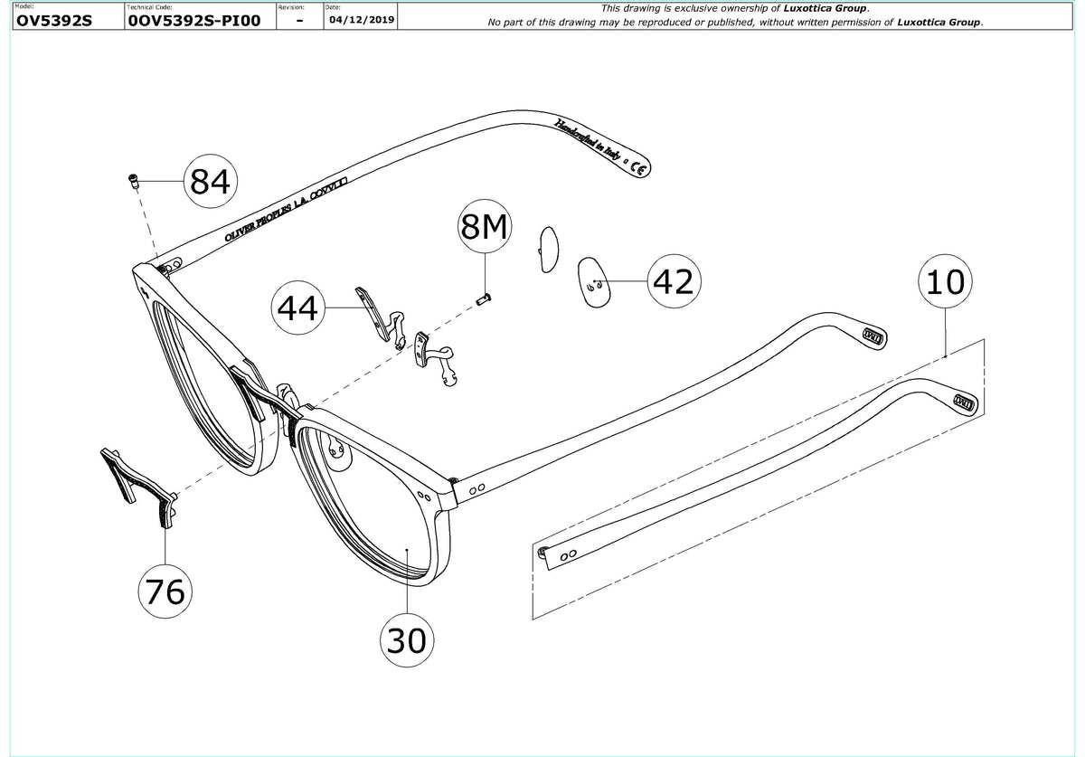 Enlarged technical drawing of the Oliver Peoples Roone OV5392S Replacement Parts