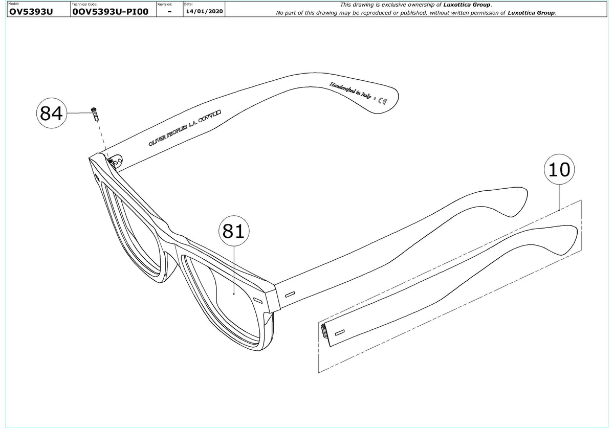Enlarged technical drawing of the Oliver Peoples Oliver OV5393U Glasses Replacement Parts