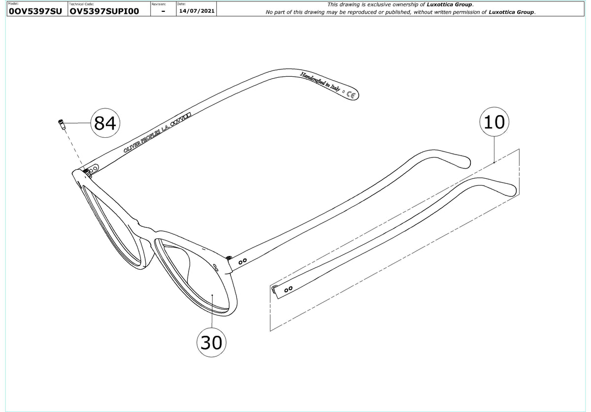 Exploded technical drawing of the Oliver Peoples Finley Vintage Sun OV5397SU Replacement Parts, with each replacement part numbered