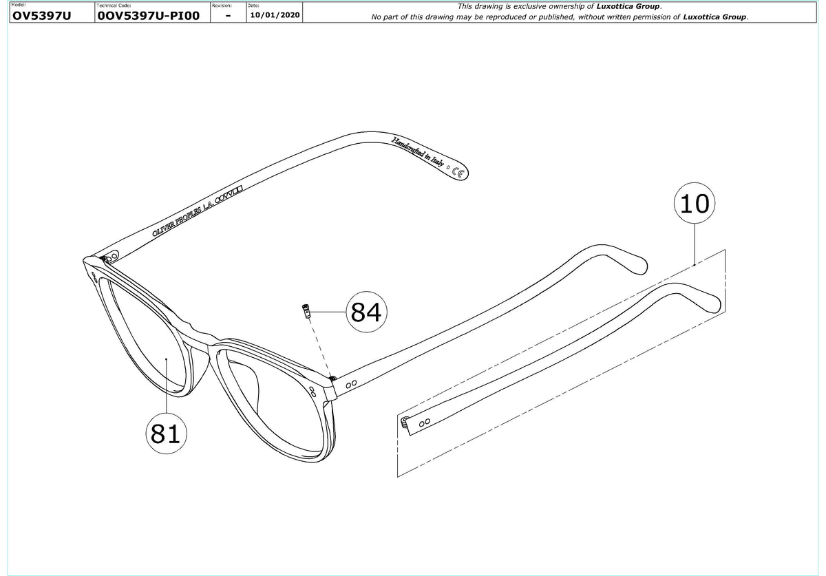 Exploded technical drawing of the Oliver Peoples Finley Vintage OV5397U Glasses Replacement Parts, with each replacement part numbered