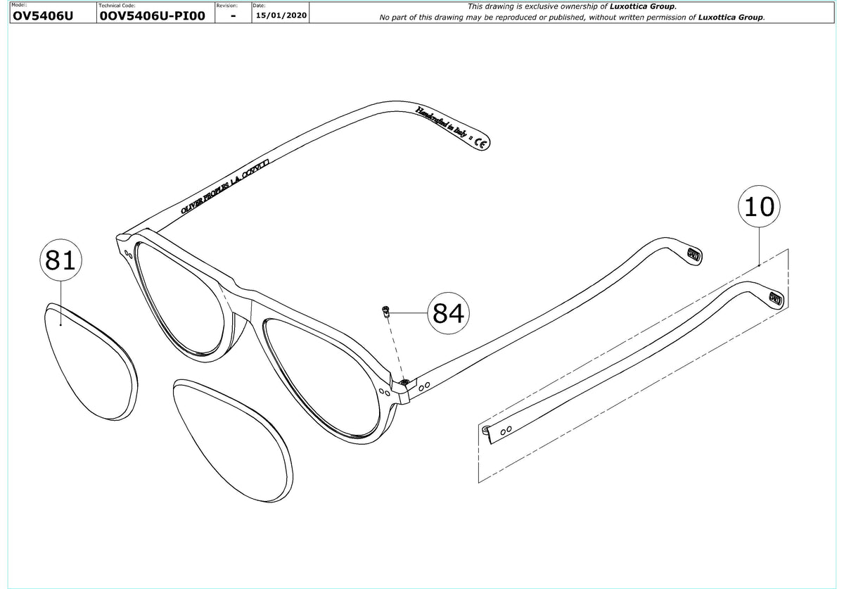 Exploded technical drawing of the Oliver Peoples Emet OV5406U Glasses Replacement Parts, with each replacement part numbered