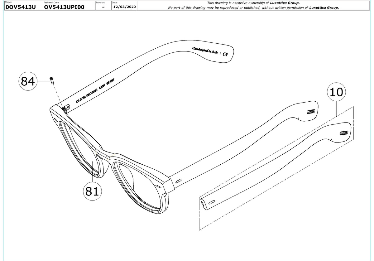 Enlarged technical drawing of the Oliver Peoples Cary Grant OV5413U Glasses Replacement Parts