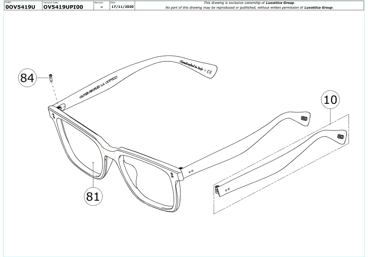 Enlarged technical drawing of the Oliver Peoples Lachman OV5419U Glasses Replacement Parts