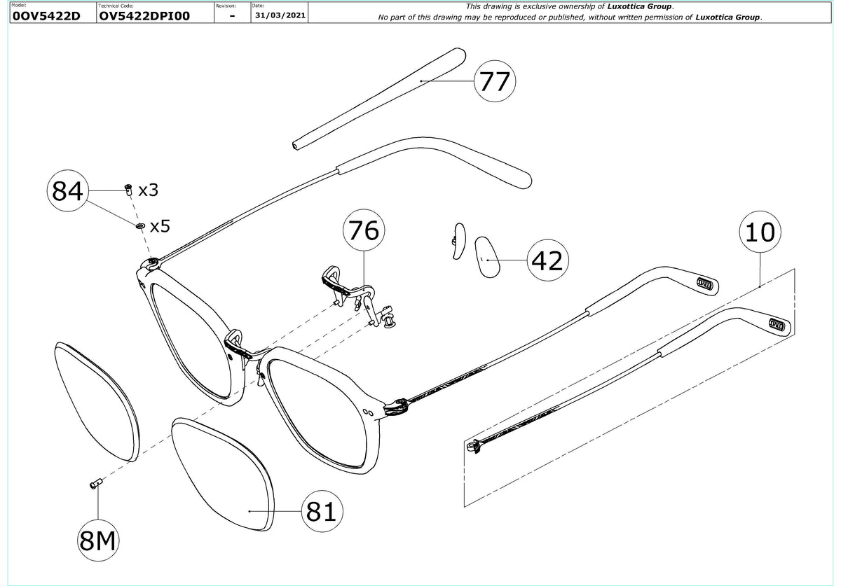 Enlarged technical drawing of the Oliver Peoples Hilden OV5422D Glasses Replacement Parts