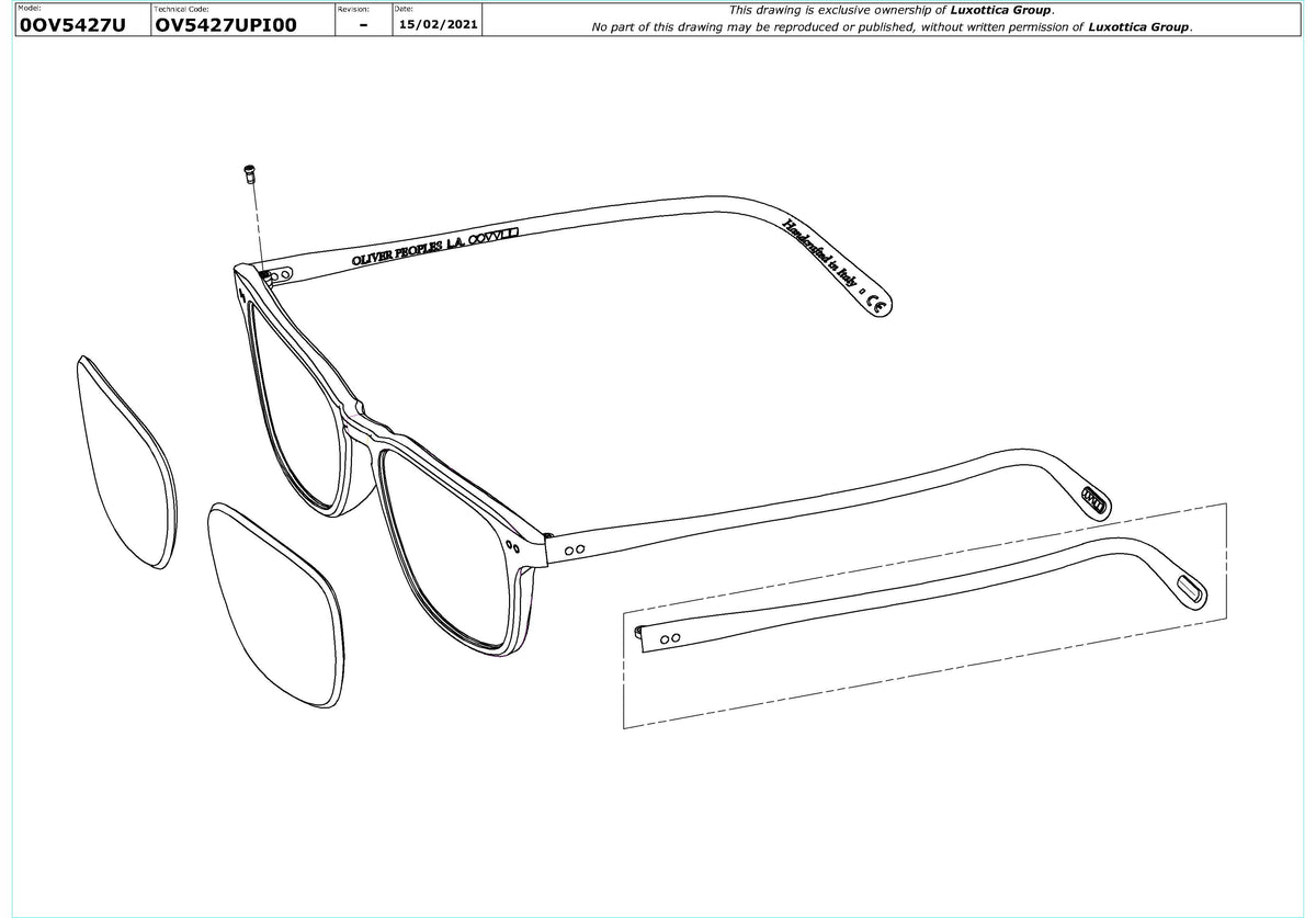 Exploded technical drawing of the Oliver Peoples Berrington OV5427U Glasses Replacement Parts, with each replacement part numbered