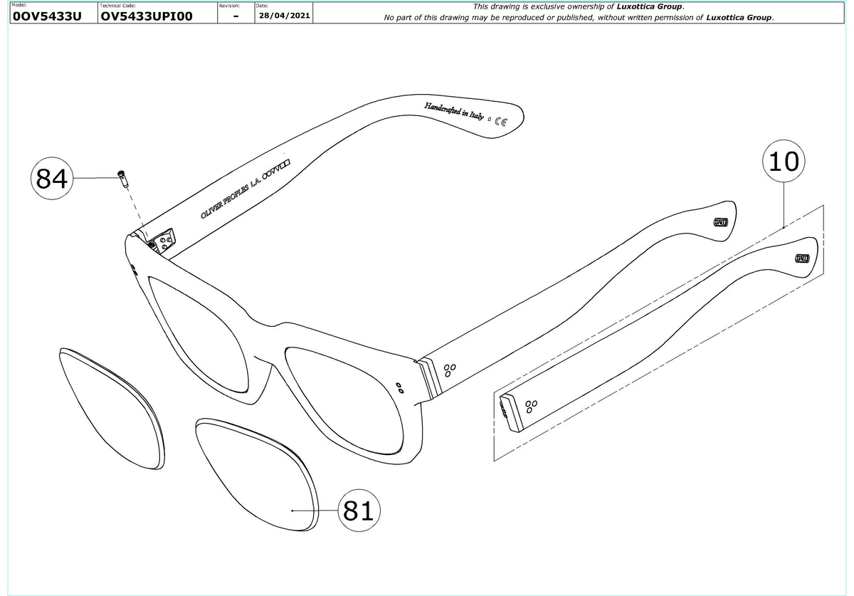 Exploded technical drawing of the Oliver Peoples Shiller OV5433U Glasses Replacement Parts, with each replacement part numbered