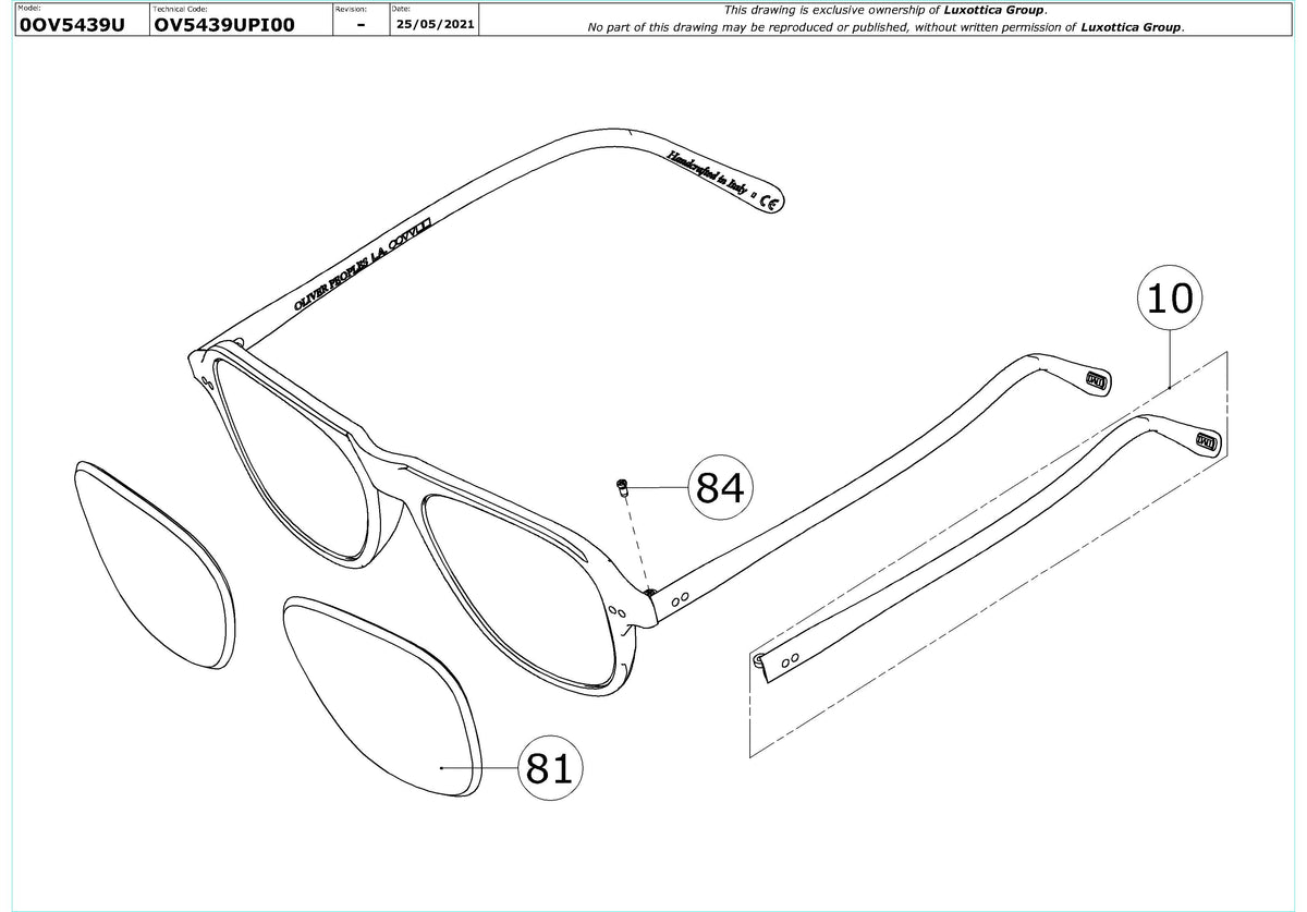 Exploded technical drawing of the Oliver Peoples Nilos OV5439U Glasses Replacement Parts, with each replacement part numbered
