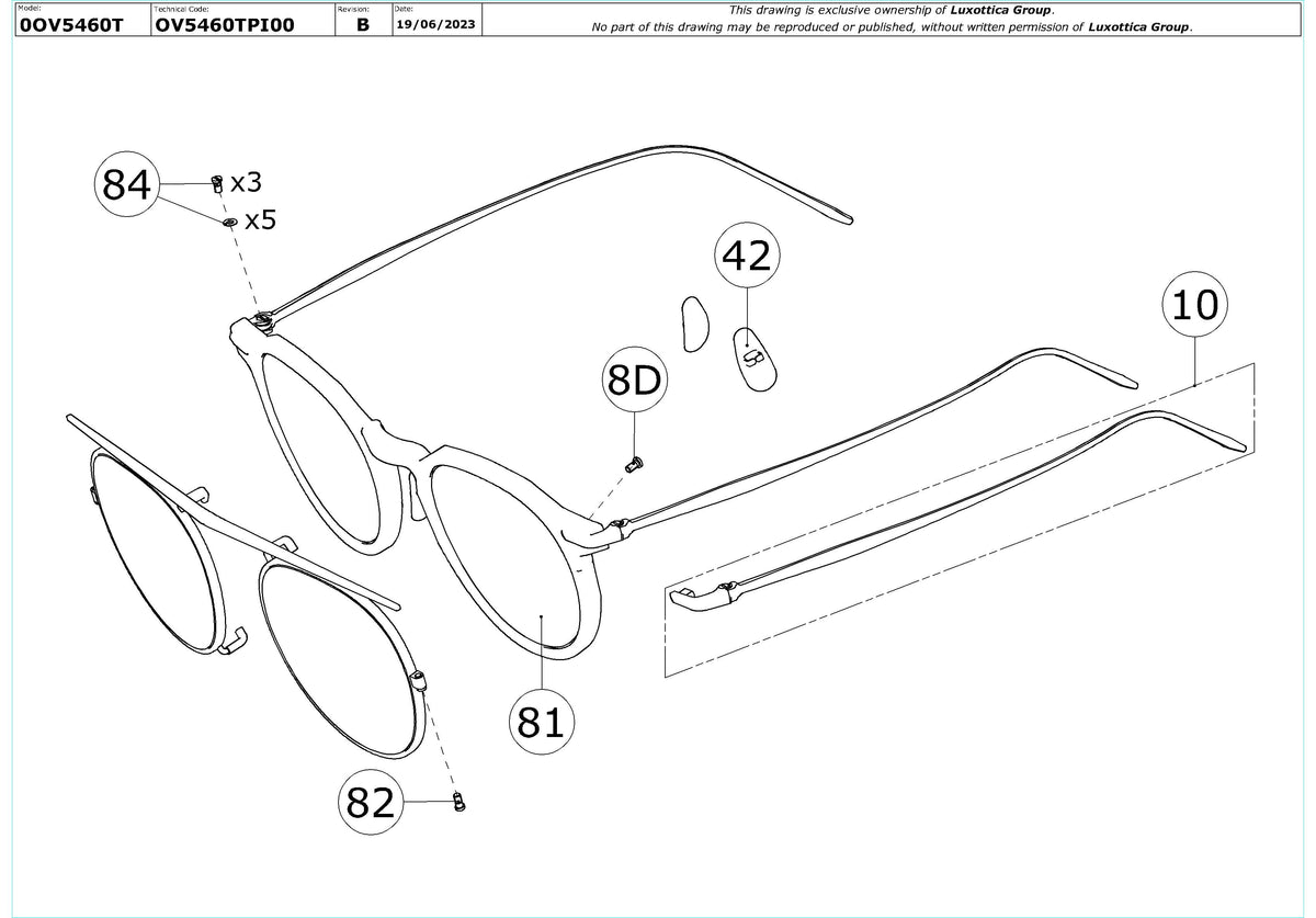 Exploded technical drawing of the Oliver Peoples G. Ponti-1 OV5460T Glasses Replacement Parts, with each replacement part numbered