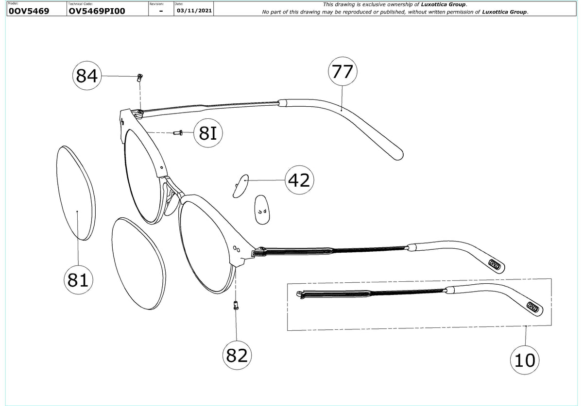 Exploded technical drawing of the Oliver Peoples Reiland OV5469 Glasses Replacement Parts, with each replacement part numbered