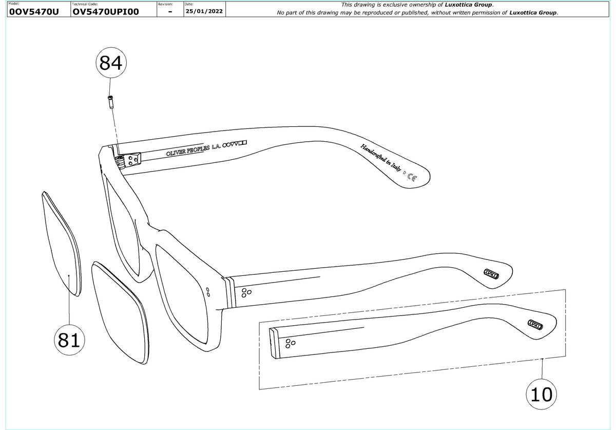 Exploded technical drawing of the Oliver Peoples Hollins OV5470U Glasses Replacement Parts, with each replacement part numbered