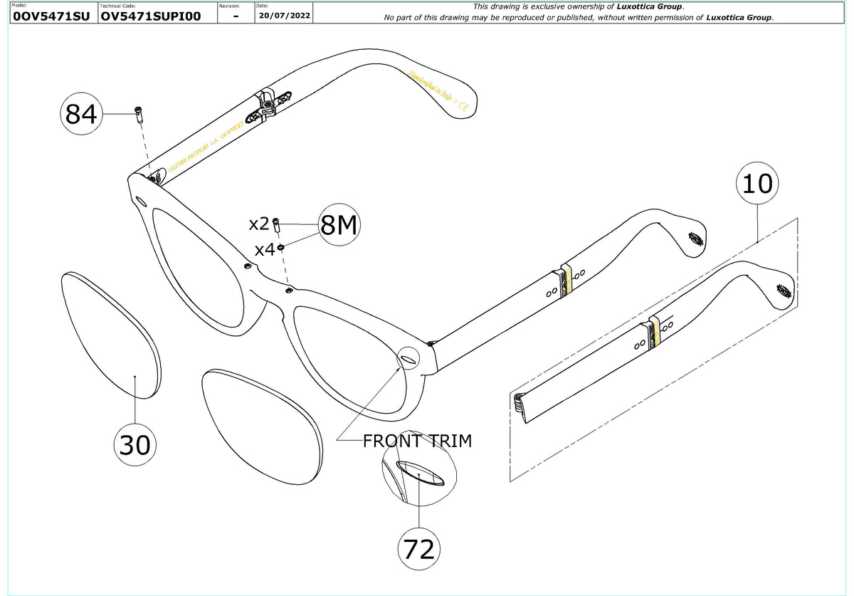 Exploded technical drawing of the Oliver Peoples Sheldrake 1950 OV5471SU Replacement Parts, with each replacement part numbered