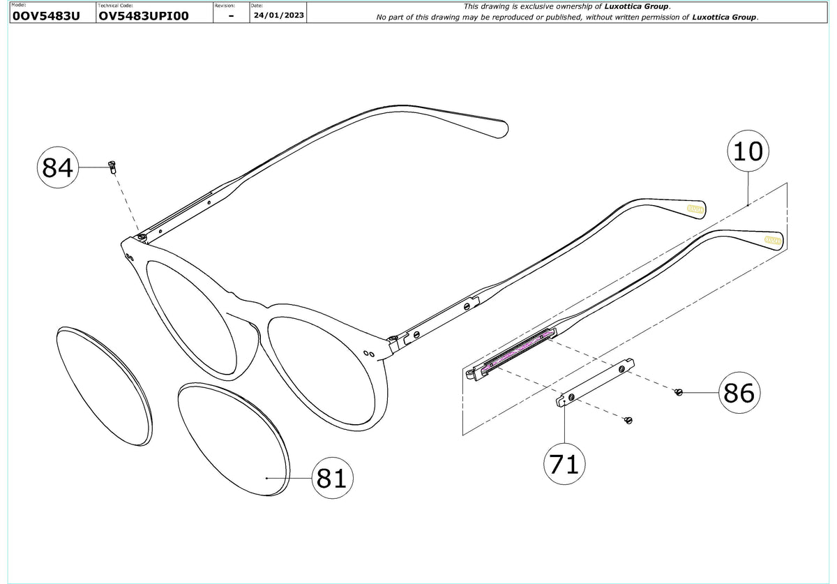 Exploded technical drawing of the Oliver Peoples Eduardo-R OV5483U Glasses Replacement Parts, with each replacement part numbered